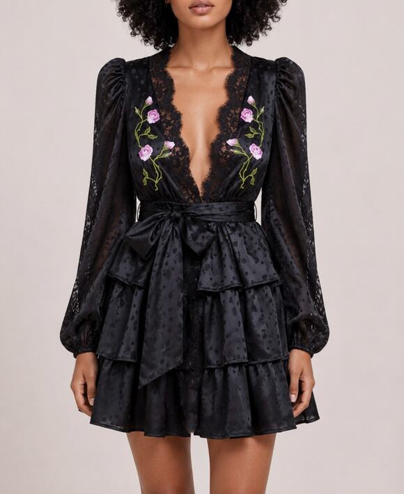 For Love & Lemons Dresses & Skirts - For Love & Lemons Black Fleur Jacquard Lace Plunge Neck Mini Robe Dress Medium